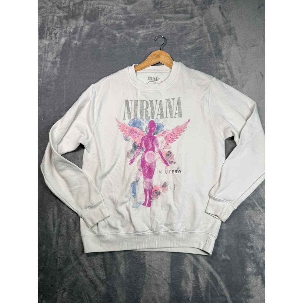 Nirvana in Utero Sweatshirt Womens XS White Graphic Print Fleece Lined Cotton